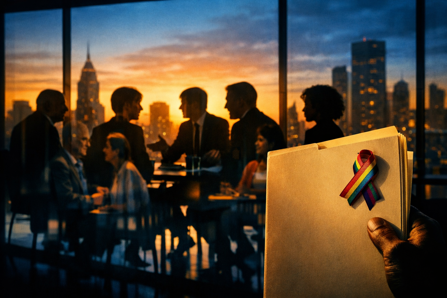 A high‑contrast, artistic photo of a hiring panel in silhouette against a large window showing a city skyline during golden hour. In the foreground, a hand holds a candid application folder with a discreet rainbow ribbon pinned to it. Reflections in the glass show diverse staff members in mid‑conversation — different ages, genders, and styles — suggesting depth beneath the visible identity signifiers. The colour palette mixes warm sunset oranges with cool corporate blues, emphasising tension between performative brightness and substantive depth.